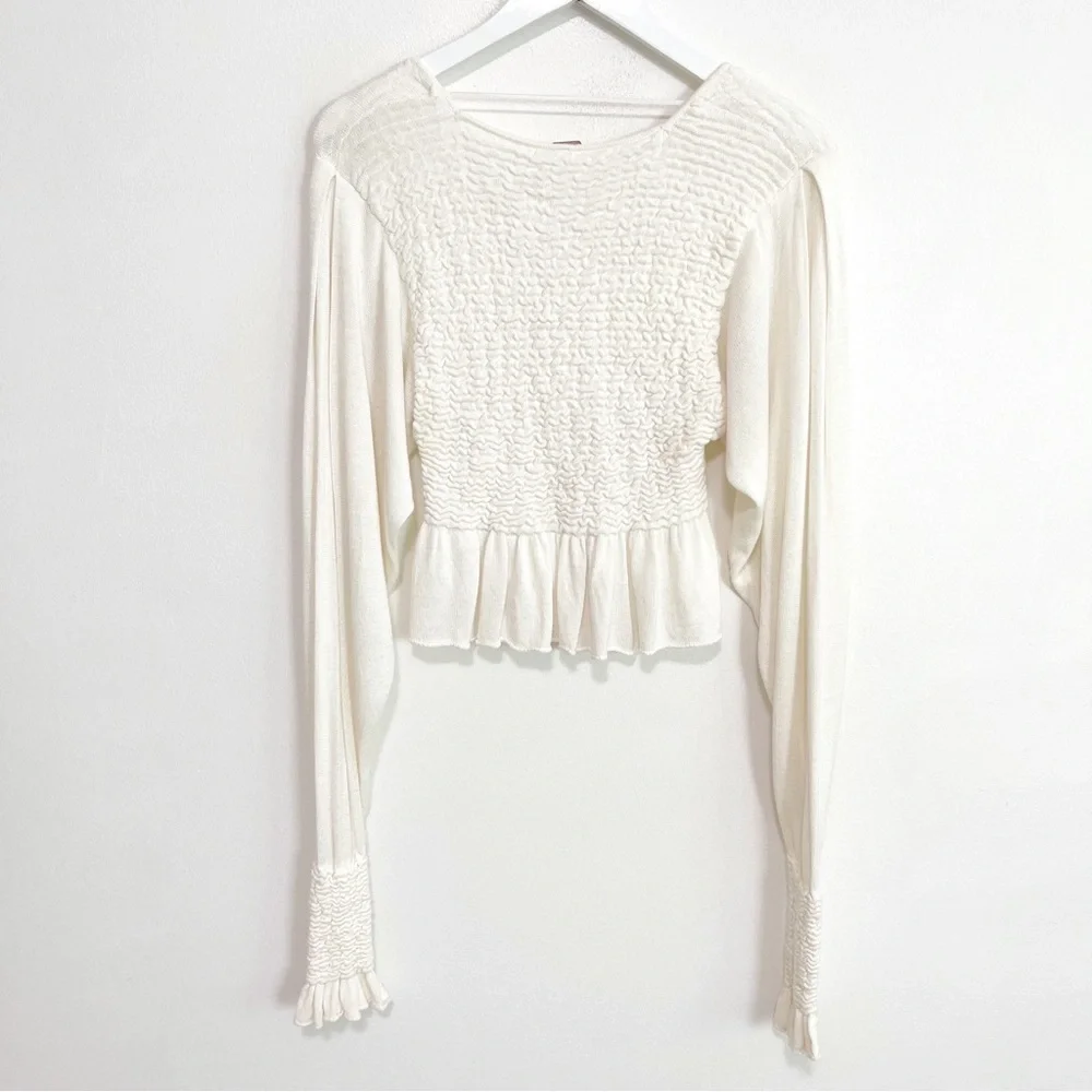 BOGO! Free People Free Spirit Smocked Peplum Pullover Sweater Cream XS